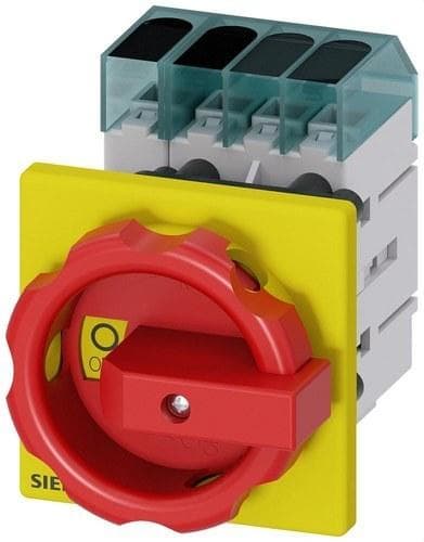 SIEMENS - Interruptor principal, 3 polos + N, Iu 25A, maneta rojo / amarillo 66x66mm, 400V 9kW, fijación frontal fijación en taladro único 22,5mm