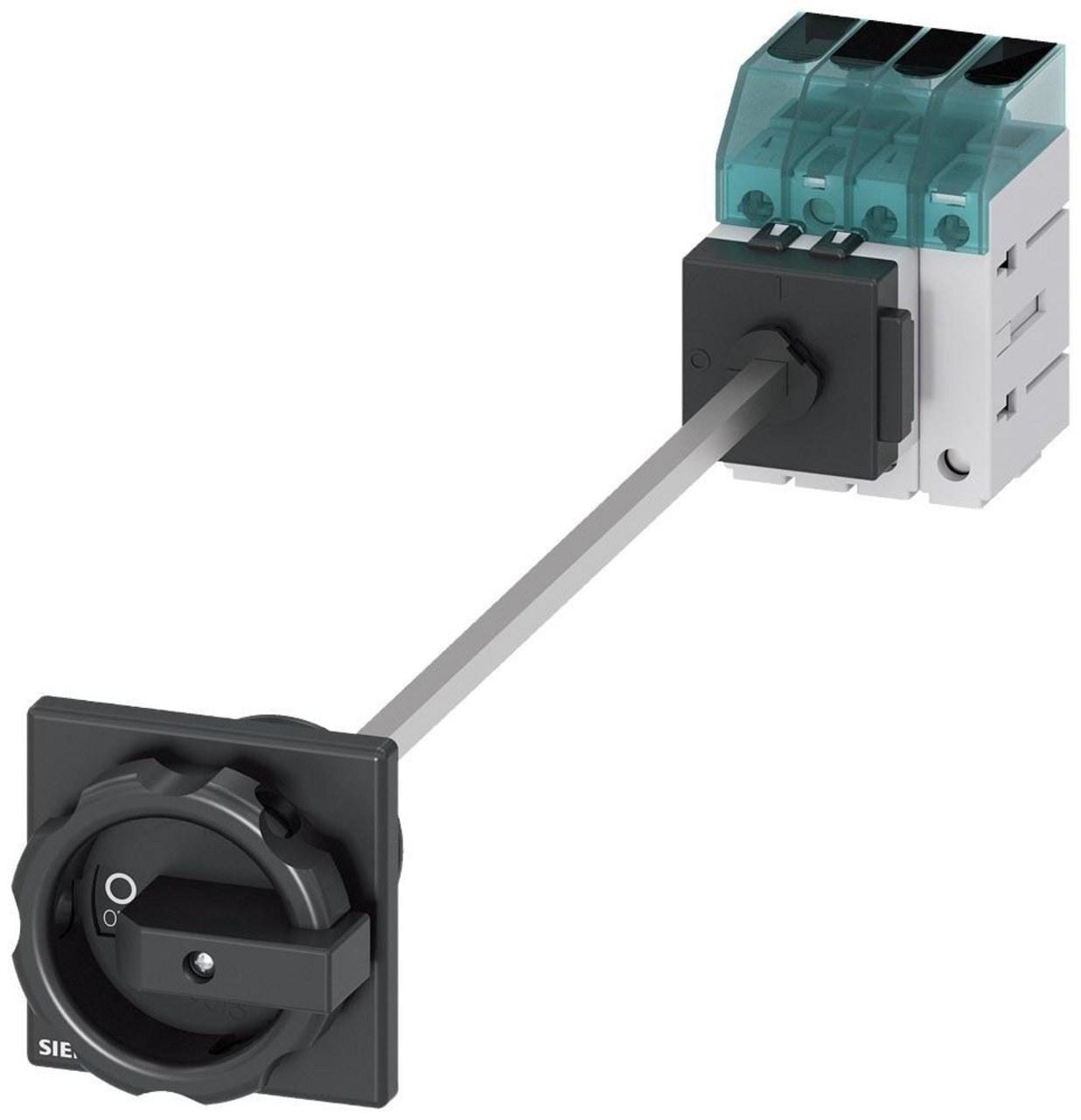 SIEMENS - Interruptor principal, 3 polos + N, Iu 32A, accionamiento giratorio negro 66x66mm, 400V 11,5kW, fijación en base con taladro único central