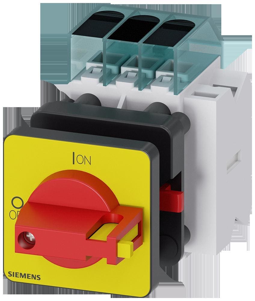 SIEMENS - Interruptor principal, 3 polos, Iu 32A, 1NA+1NC, maneta rojo / amarillo 48x48mm, 400V 11,5kW, fijación frontal fijación en taladro único