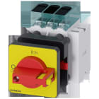 SIEMENS - Interruptor principal, 3 polos, Iu 32A, 1NA+1NC, maneta rojo / amarillo 48x48mm, 400V 11,5kW, fijación frontal fijación en taladro único