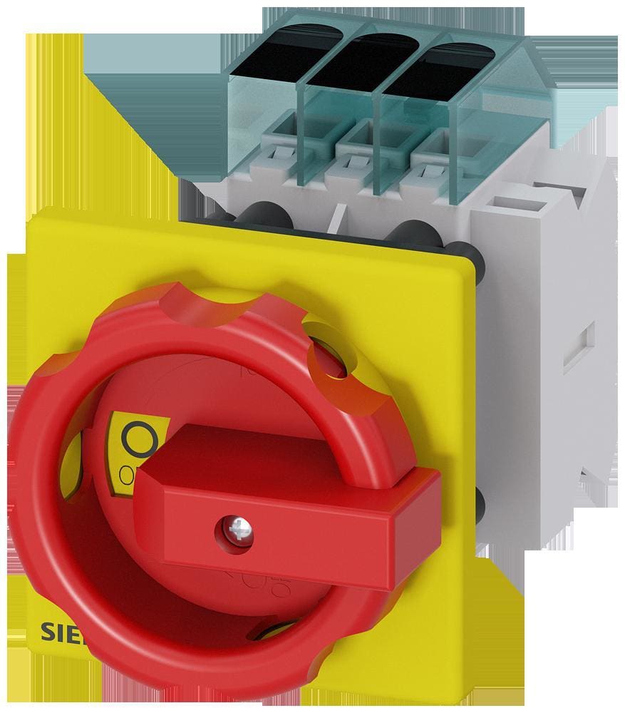 SIEMENS - Interruptor principal, 3 polos, Iu 32A, 1NA+1NC, accionamiento giratorio rojo / amarillo 66x66mm, 400V 11,5kW fijación en taladro único