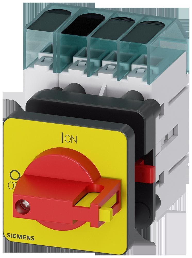 SIEMENS - Interruptor principal, 3 polos + N, Iu 40A, maneta rojo / amarillo 48x48mm, 400V 15kW, fijación frontal fijación en taladro único 22,5mm