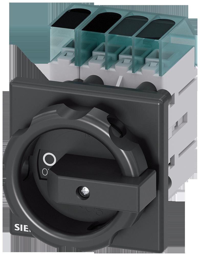 SIEMENS - Interruptor principal, 3 polos + N, Iu 40A, maneta negra 66x66mm, 400V 15kW, fijación frontal fijación en taladro único 22,5mm