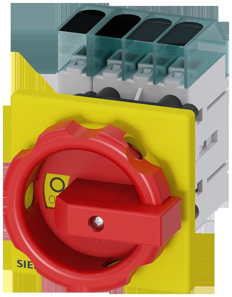 SIEMENS - Interruptor principal, 3 polos + N, Iu 40A, maneta rojo / amarillo 66x66mm, 400V 15kW, fijación frontal fijación en taladro único 22,5mm