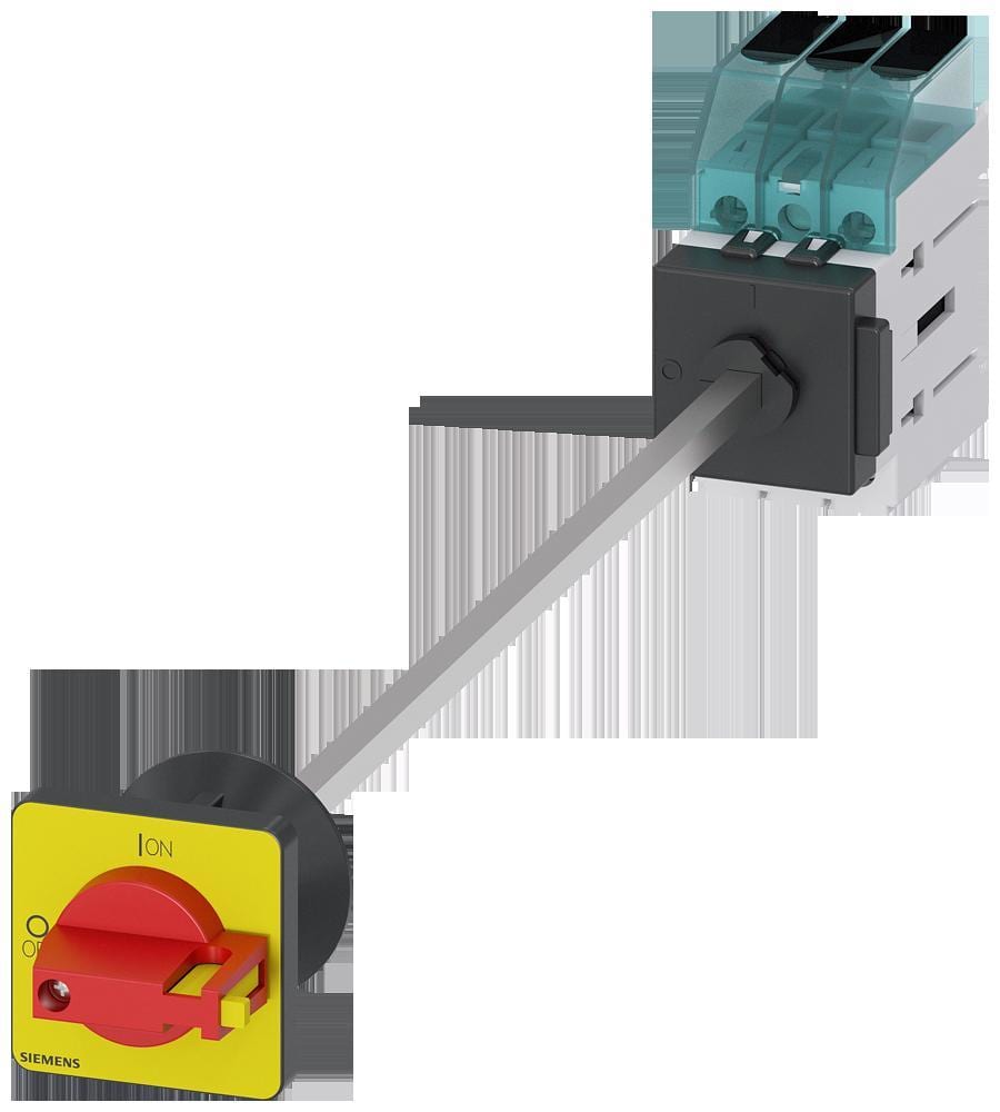 SIEMENS - Interruptor principal, 3 polos, Iu 63A, maneta rojo / amarillo 48x48mm, 400V 22kW, fijación en base con taladro central 22,5mm