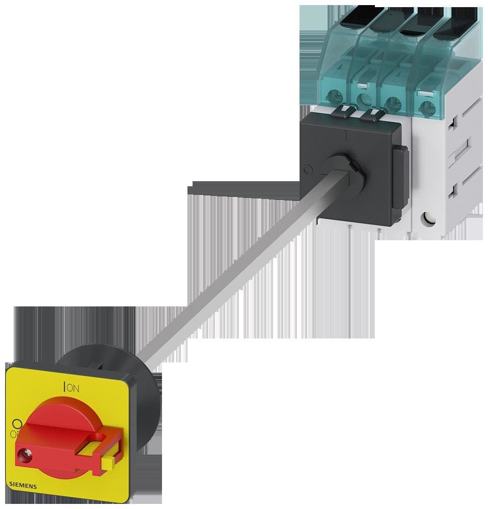 SIEMENS - Interruptor principal, 3 polos + N, Iu 63A, maneta rojo / amarillo 48x48mm, 400V 22kW, fijación en base con taladro central 22,5mm