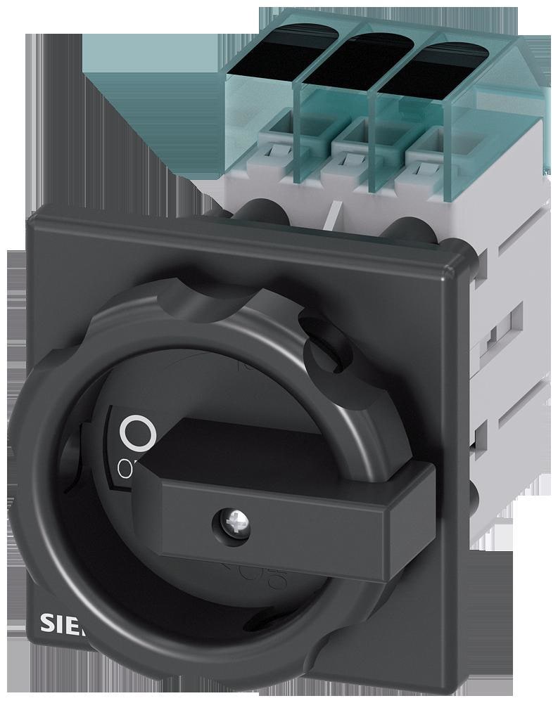 SIEMENS - Interruptor principal, 3 polos, Iu 63A, maneta negra 66x66mm, 400V 22kW, fijación frontal fijación en taladro único 22,5mm