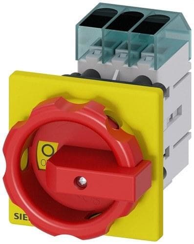 SIEMENS - Interruptor principal, 3 polos, Iu 63A, maneta rojo / amarillo 66x66mm, 400V 22kW, fijación frontal fijación en taladro único 22,5mm