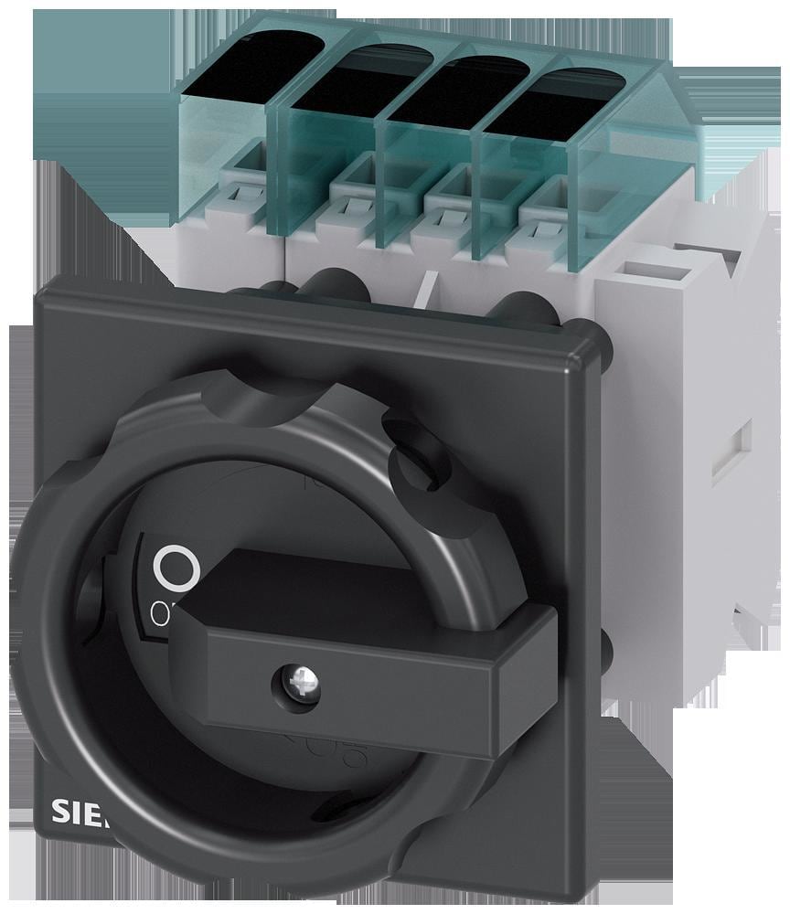 SIEMENS - Interruptor principal, 3 polos + N, Iu 63A, 1NA+1NC, maneta negra 66x66mm, 400V 22kW, fijación frontal fijación en taladro 22,5mm