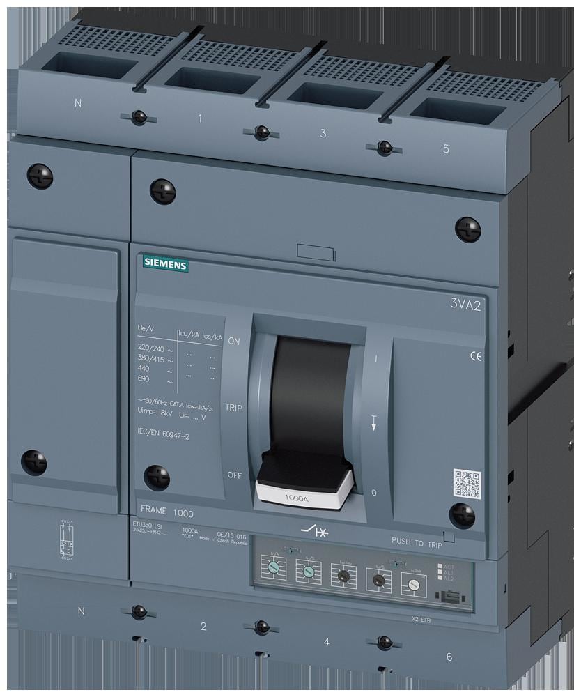 SIEMENS - Interruptor automático IEC, 1000A, 4 polos, 55kA, ETU350, LSI, conexiones planas con tornillo