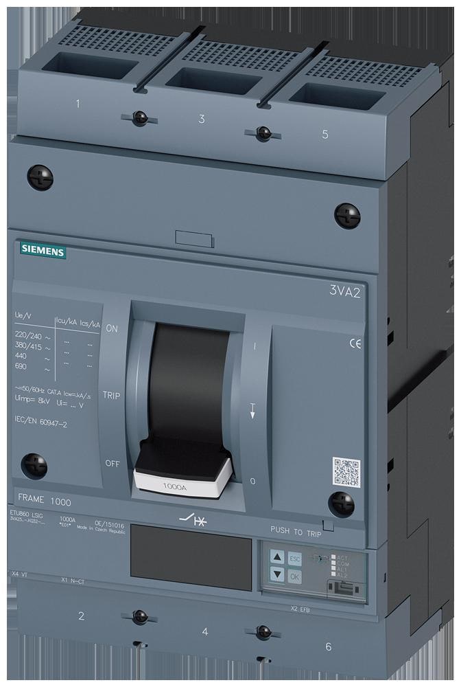 SIEMENS - Interruptor automático IEC, 800A, 3 polos, 55kA, ETU860, LSIG, conexiones planas con tornillo