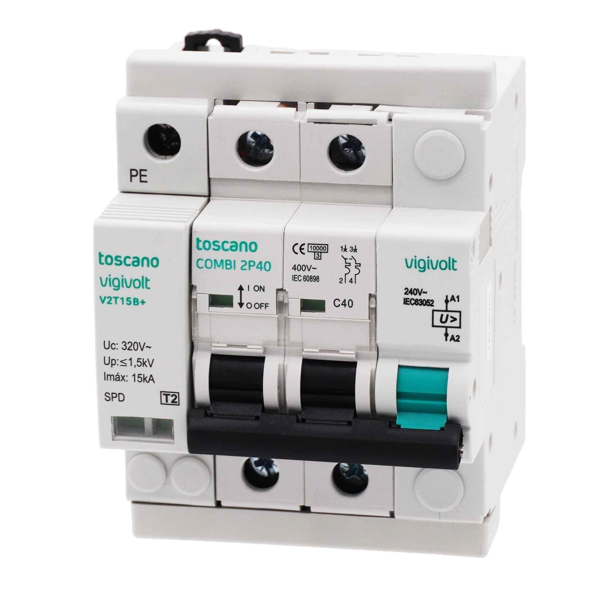 TOSCANO - Protector de sobretensión transitoria COMBI 2P25T15B 15kA IGA 2x25A 10kA y permanente 240V AC bifásica
