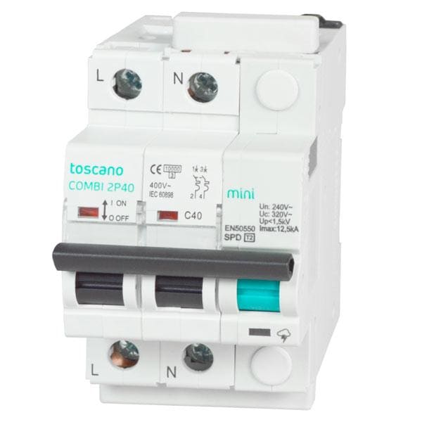 TOSCANO - Protector de sobretensión transitoria COMBI-MINI 2P40T15 IGA 2x40A 10kA 15kA y permanente 240V AC
