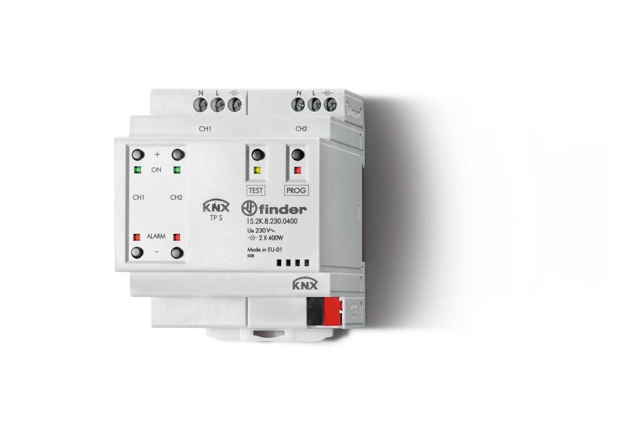 FINDER - Dimmer universal interfaz KNX SERIE 15, montaje carril 35mm, 2 salidas carga 400W, 230V AC