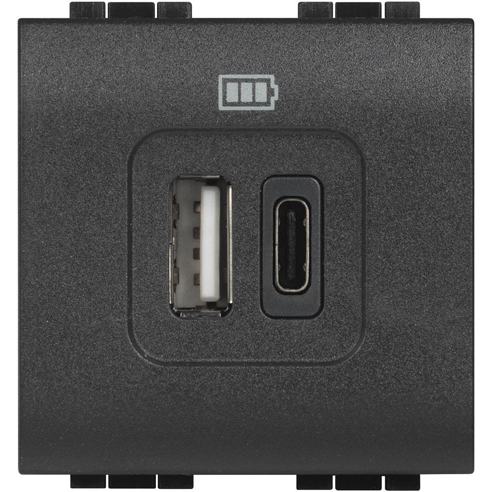 BTICINO - Base cargador USB (A+C) Livinglight - 3A - 5V - 230V - 2 módulos - Antracita