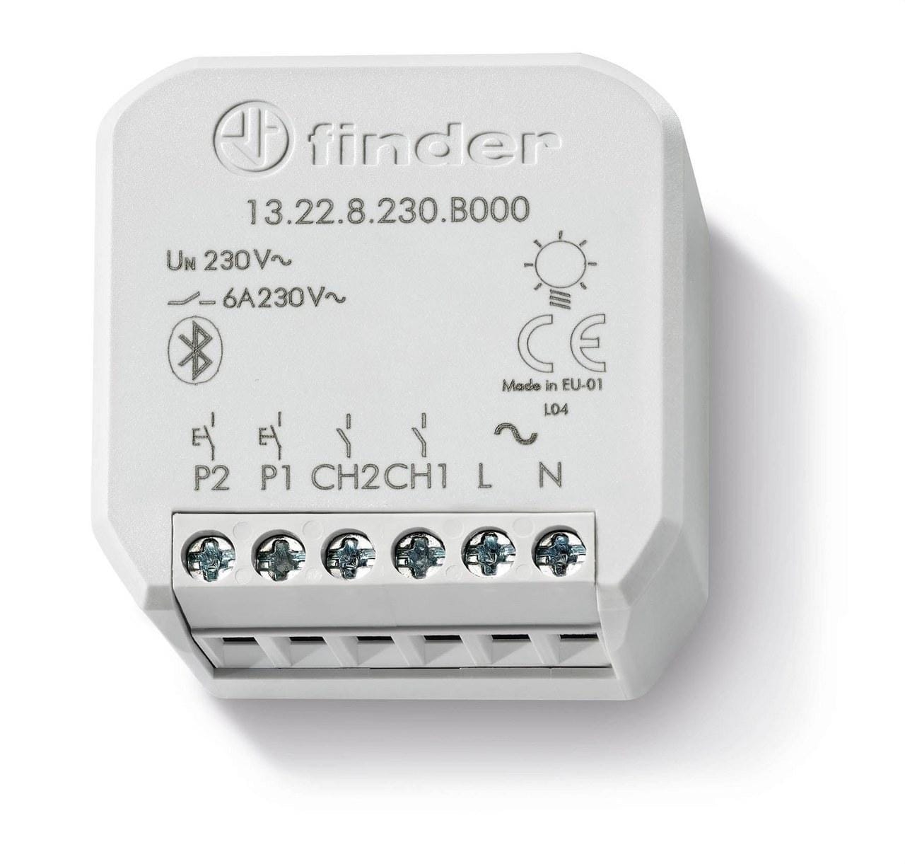 FINDER - Relé multifunción electrónico Bluetooth YESLY SERIE 13, montaje en caja de derivación, 2 salidas NA 6A, 230V AC