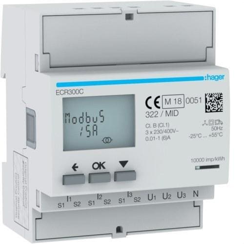 HAGER - Contador de energía 3F vía CT 1-5A 4M modbus MID
