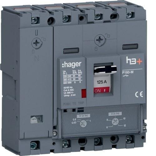 HAGER - Interruptor automático caja moldeada h3+ P160 4P4D N0-100% 125A 50kA relé TM