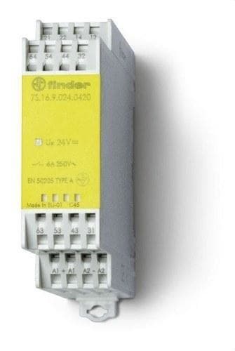 FINDER - Relé modular con contactos de guía forzada SERIE 7S, ancho 22,5mm, bornes de conexión rápida, 4NA+2NC, AgSnO2+Au, 230V AC
