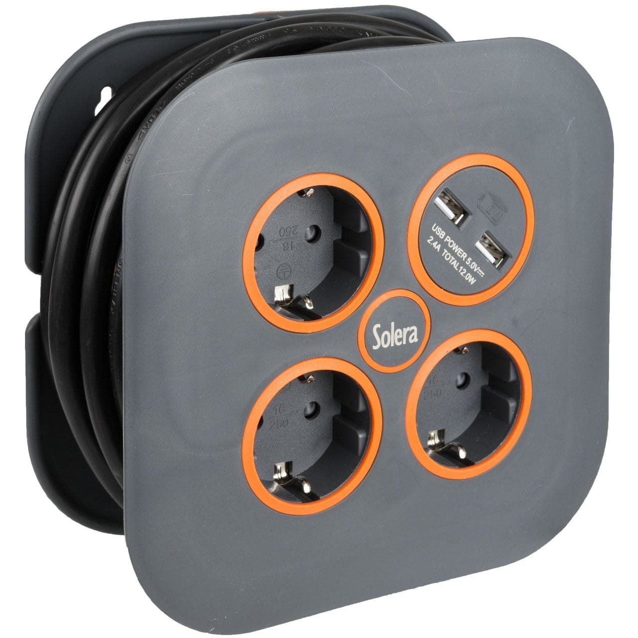 SOLERA - Enrollacable con 3 bases 2P+T 16A 250V + 2USB 5m de cable H05VV-F 3G1,5mm²