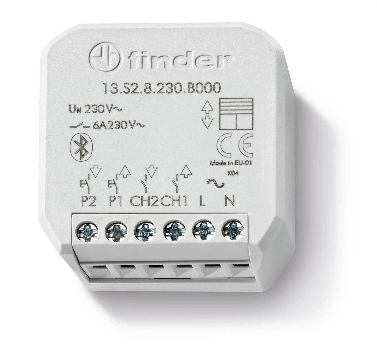 FINDER - Relé electrónico Bluetooth YESLY SERIE 13, actuador para persianas/toldos, montaje en caja de derivación, 2 salidas NA 6A, 230V AC