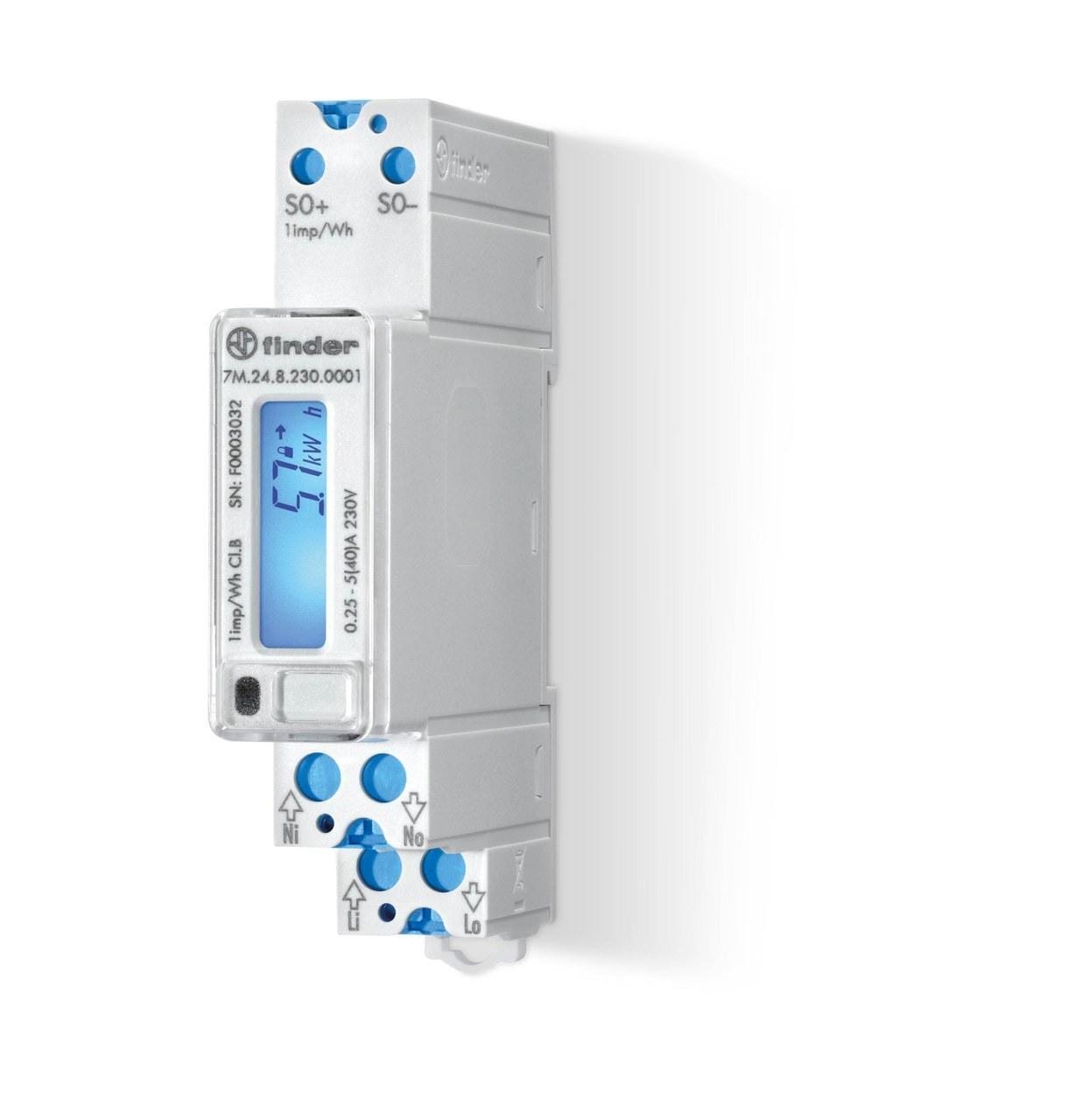 FINDER - Contador de energía monofásico SERIE 7M, visualizador digital, pantalla LCD retroiluminada, 40A/230V AC, bidireccional, solo kWh