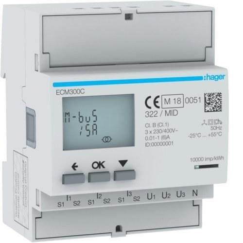 HAGER - Contador de energía 3F vía CT 1-5A 4M M-BUS MID