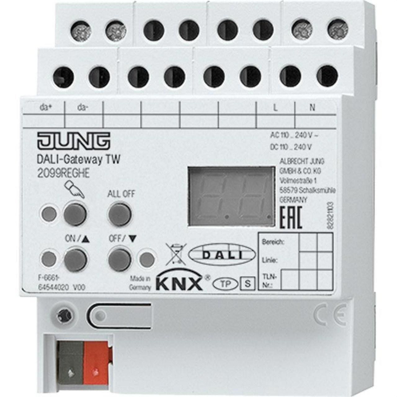 JUNG - Interface KNX DALI TW montaje en carril DIN con mando manual electrónico y LED de estado