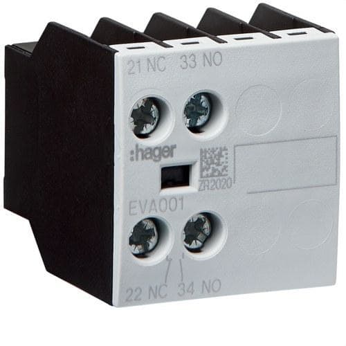 HAGER - Contacto auxiliar conexión frontal 1 NA+1 NC para contactor tamaño 1/2"