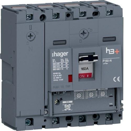 HAGER - Interruptor automático caja moldeada h3+ P160 4P4D N0-50-100% 160A 40kA LSnI