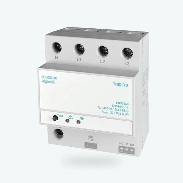 TOSCANO - Protector de sobretensión transitoria TRIO3.0 40kA y permanente 400V AC trifásica para conexión bobina máxima / mínima contacto